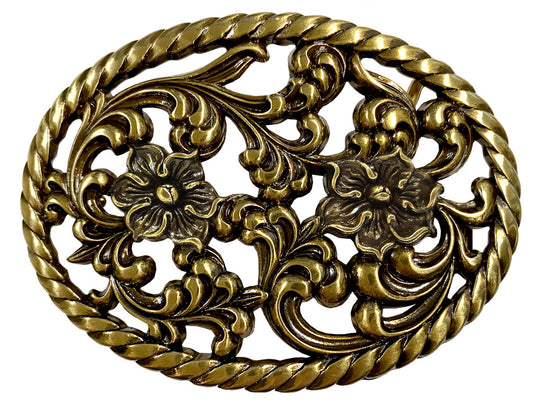 Prairie Nights is a Filigreed Floral design in Brass that looks great on plain 1 1/2" Black or Brown belt. A easy to wear oval shape that&