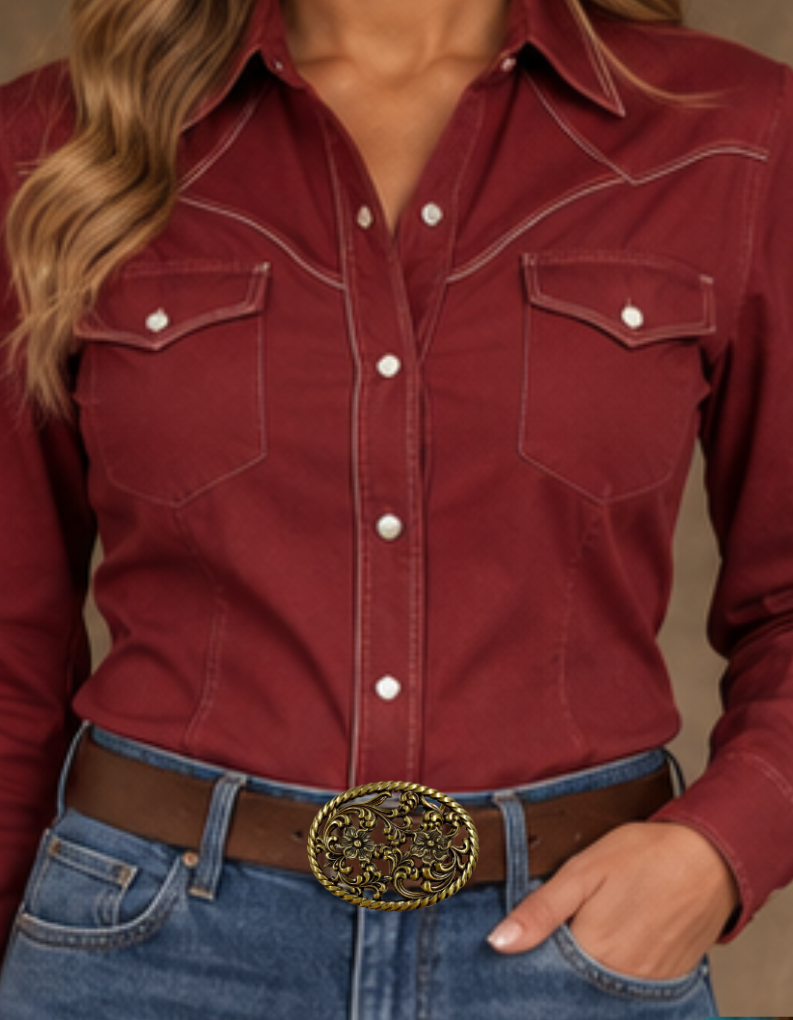 Prairie Nights is a Filigreed Floral design in Brass that looks great on plain 1 1/2" Black or Brown belt. A easy to wear oval shape that&