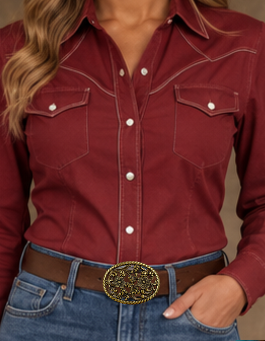 Prairie Nights is a Filigreed Floral design in Brass that looks great on plain 1 1/2" Black or Brown belt. A easy to wear oval shape that&