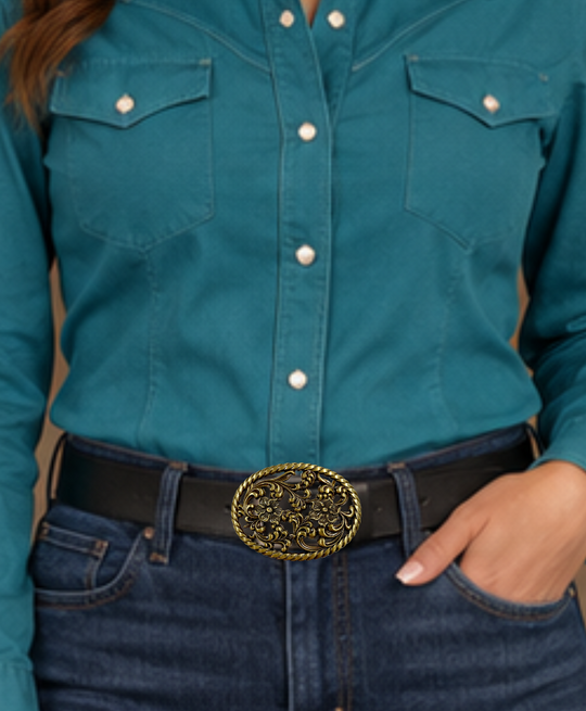 Prairie Nights is a Filigreed Floral design in Brass that looks great on plain 1 1/2" Black or Brown belt. A easy to wear oval shape that&