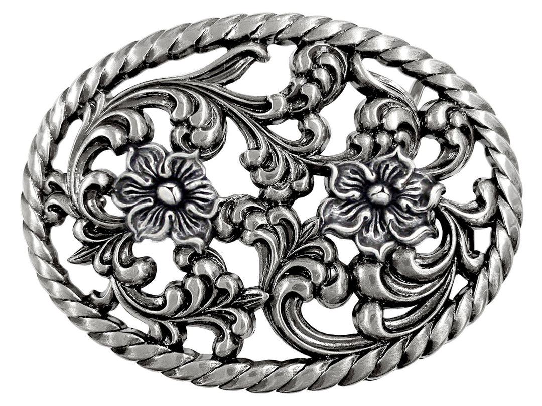 Prairie Days is a Filigreed Floral design in Antique Nickel color that looks great on plain 1 1/2" Black or Brown belt. A easy to wear oval shape that's not too big, measures approx. 3 7/8" wide by 2 1/2" tall. Imported