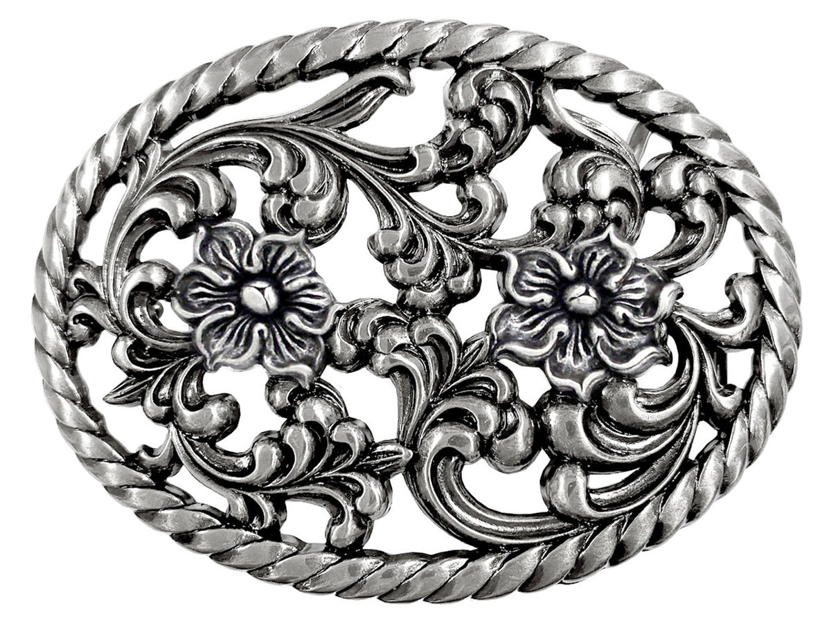 Prairie Days is a Filigreed Floral design in Antique Nickel color that looks great on plain 1 1/2" Black or Brown belt. A easy to wear oval shape that's not too big, measures approx. 3 7/8" wide by 2 1/2" tall. Imported
