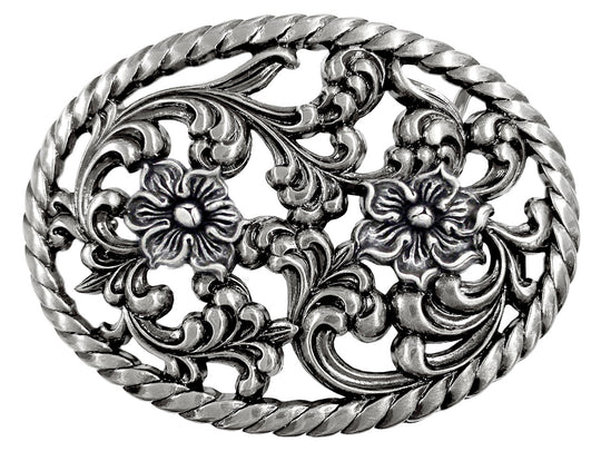 Prairie Days is a Filigreed Floral design in Antique Nickel color that looks great on plain 1 1/2" Black or Brown belt. A easy to wear oval shape that&