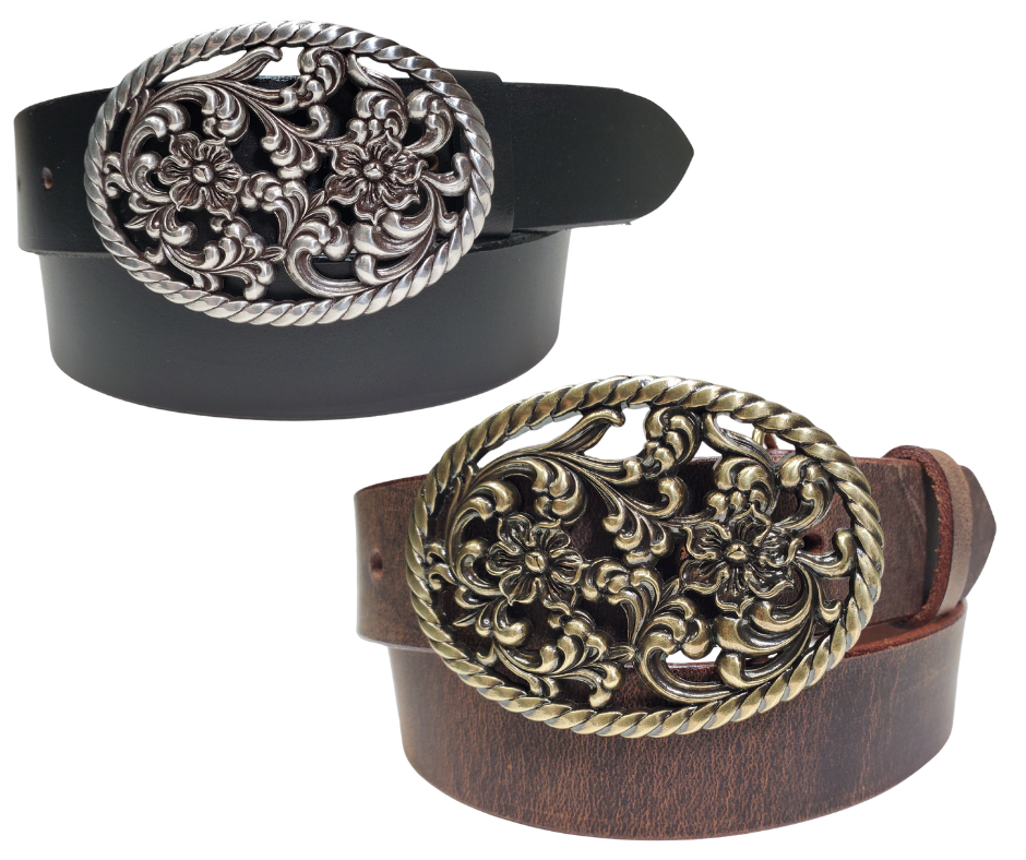 Our Prairie Nights shaped oval buckle has a rope edge, a Filigreed Floral center. It is Antiqued Silver or Brass colored, measures 2 3/4" tall by 3 3/4" wide and fits belts up to 1 1/2" wide. Buckle is made in Taiwan. Belt is a single strip of leather that is 1 1/2" wide and available in sizes 34" to 44". Colors are distressed brown or black. CHOOSE ONE BELT STRIP COLOR! It is available for purchase in our retail shop in Smyrna, TN, just outside Nashville and also in our online store.