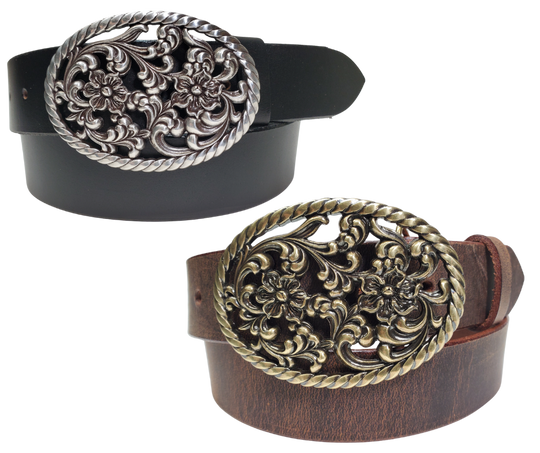 Our Prairie Nights shaped oval buckle has a rope edge, a Filigreed Floral center. It is Antiqued Silver or Brass colored, measures 2 3/4" tall by 3 3/4" wide and fits belts up to 1 1/2" wide. Buckle is made in Taiwan. Belt is a single strip of leather that is 1 1/2" wide and available in sizes 34" to 44". Colors are distressed brown or black. CHOOSE ONE BELT STRIP COLOR! It is available for purchase in our retail shop in Smyrna, TN, just outside Nashville and also in our online store.