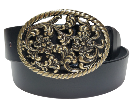 Our Prairie Nights shaped oval buckle has a rope edge, a Filigreed Floral center. It is Antiqued Silver or Brass colored, measures 2 3/4" tall by 3 3/4" wide and fits belts up to 1 1/2" wide. Buckle is made in Taiwan. Belt is a single strip of leather that is 1 1/2" wide and available in sizes 34" to 44". Colors are distressed brown or black. CHOOSE ONE BELT STRIP COLOR! It is available for purchase in our retail shop in Smyrna, TN, just outside Nashville and also in our online store.
