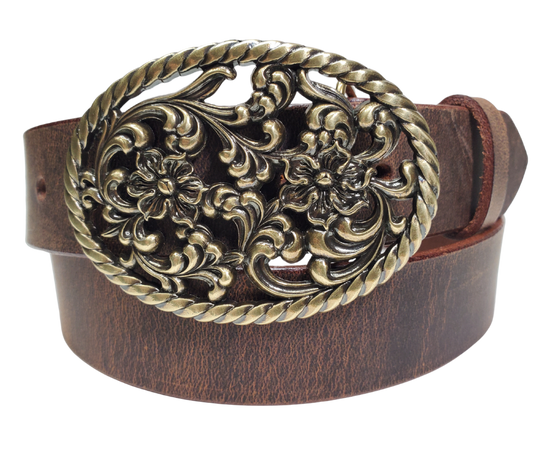 Our Prairie Nights shaped oval buckle has a rope edge, a Filigreed Floral center. It is Antiqued Silver or Brass colored, measures 2 3/4" tall by 3 3/4" wide and fits belts up to 1 1/2" wide. Buckle is made in Taiwan. Belt is a single strip of leather that is 1 1/2" wide and available in sizes 34" to 44". Colors are distressed brown or black. CHOOSE ONE BELT STRIP COLOR! It is available for purchase in our retail shop in Smyrna, TN, just outside Nashville and also in our online store.