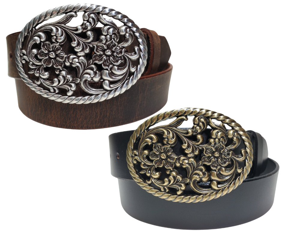 Our Prairie Nights shaped oval buckle has a rope edge, a Filigreed Floral center. It is Antiqued Silver or Brass colored, measures 2 3/4" tall by 3 3/4" wide and fits belts up to 1 1/2" wide. Buckle is made in Taiwan. Belt is a single strip of leather that is 1 1/2" wide and available in sizes 34" to 44". Colors are distressed brown or black. CHOOSE ONE BELT STRIP COLOR! It is available for purchase in our retail shop in Smyrna, TN, just outside Nashville and also in our online store.
