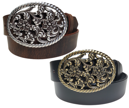 Our Prairie Nights shaped oval buckle has a rope edge, a Filigreed Floral center. It is Antiqued Silver or Brass colored, measures 2 3/4" tall by 3 3/4" wide and fits belts up to 1 1/2" wide. Buckle is made in Taiwan. Belt is a single strip of leather that is 1 1/2" wide and available in sizes 34" to 44". Colors are distressed brown or black. CHOOSE ONE BELT STRIP COLOR! It is available for purchase in our retail shop in Smyrna, TN, just outside Nashville and also in our online store.