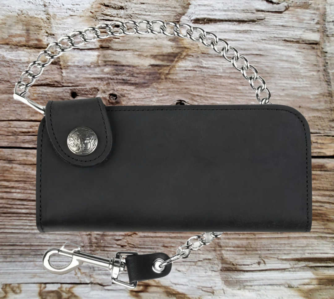 With Card slots for almost everything, the "Prospect" chain wallet delivers. This wallet has 2 sections that are like the traditional chain wallet, with extra slots for the many cards that seem to multiply!  3 cash pockets and I.D. slot 9 credit card slots&amp;nbsp; Basic 12" Chain included Made in USA Black leather Dimensions folded 3 1/2" x 7" open 7" x 7"