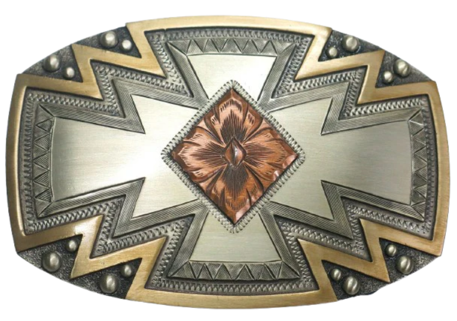 The Radiance Belt Buckle impresses an design idea that results from a bright fire with a Southwestern overtones. Made from German Silver and engraved and layered metals in a tri-color Southwestern design. Available in our Smyrna, TN shop, a short distance from Nashville.

Dimensions: Width 4”, Height 2.7”
Standard 1.5” Swivel