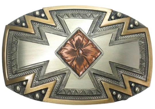 The Radiance Belt Buckle impresses an design idea that results from a bright fire with a Southwestern overtones. Made from German Silver and engraved and layered metals in a tri-color Southwestern design. Available in our Smyrna, TN shop, a short distance from Nashville.

Dimensions: Width 4”, Height 2.7”
Standard 1.5” Swivel
