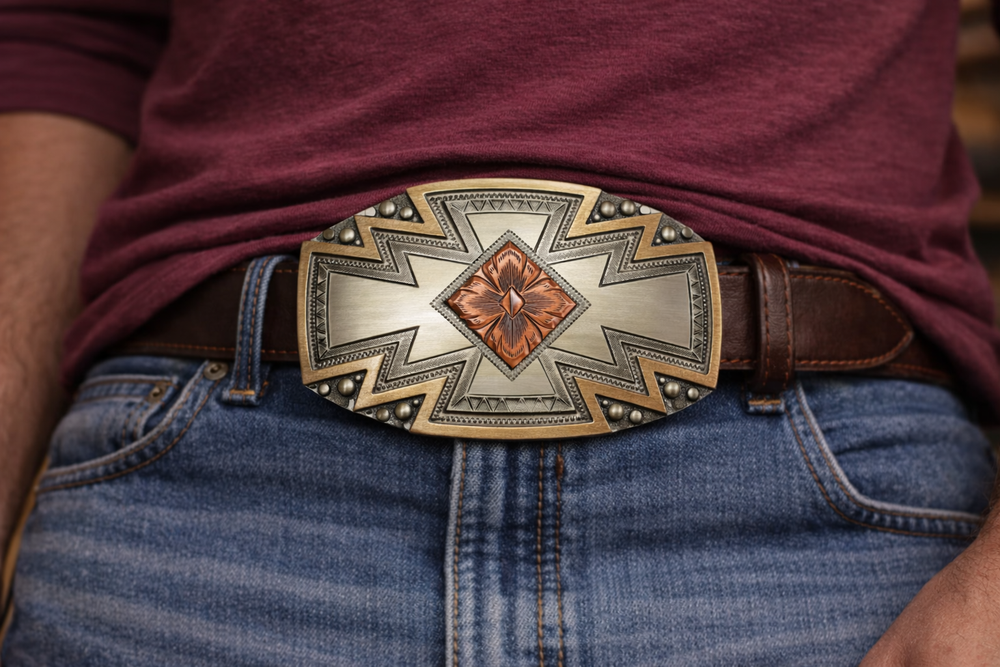 The Radiance Belt Buckle impresses an design idea that results from a bright fire with a Southwestern overtones. Made from German Silver and engraved and layered metals in a tri-color Southwestern design. Available in our Smyrna, TN shop, a short distance from Nashville.

Dimensions: Width 4”, Height 2.7”
Standard 1.5” Swivel