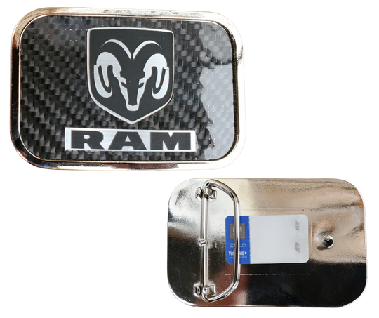 Officially licensed by RAM Motors. This Ram Logo Black Carbon Fiber Belt Buckle. Built with durable craftsmanship and a polished finish, perfect for Ram enthusiasts who want to wear their loyalty with western-inspired confidence. Made in the USA. You can find it in our shop conveniently located in Smyrna, TN, just outside of Nashville.

Features:
-Durable metal composition for long-lasting wear
-Measures 3.6 x 2.38 inches
-Fits a 1.5-inch wide belt
-USA made and officially licensed by Ram Motors