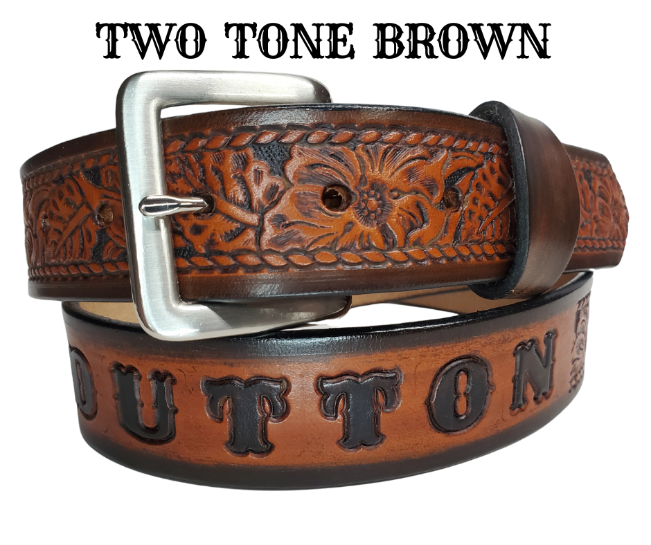 Our "The Ranch" Name Leather Belt can be personalized! It is Veg-tan leather belt, aptly named "The Ranch," with it's Western scroll pattern framed in a Rope edge border. Made in Smyrna, TN, close to Nashville. It's interchangeable solid brass buckle ensures convenience while maintaining high quality. Elevate any outfit with this stylish and versatile accessory.