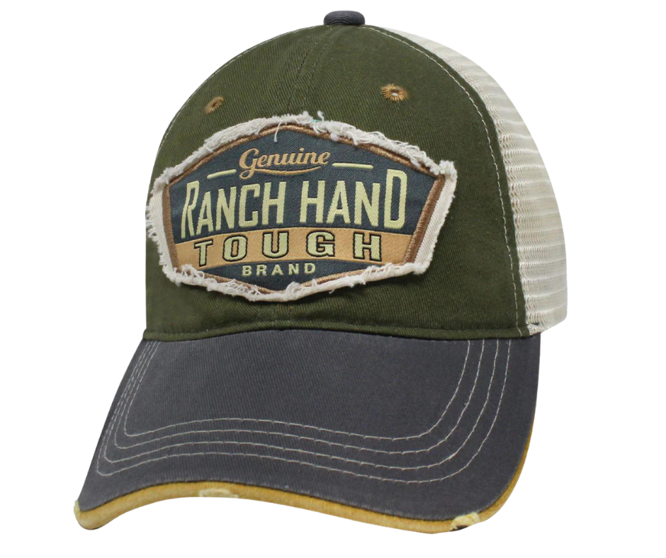 Show your Ranchin roots with this Embroidered Distressed Trucker Cap! The Forest Green twill front and beige mesh back feature  graphic Ranch Hand Tough with a grey stitched bill, plus an adjustable snap strap to perfectly fit any size head. Take a short trip outside Nashville to our Smyrna, TN shop and get yours now!