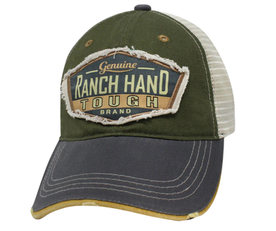 Show your Ranchin roots with this Embroidered Distressed Trucker Cap! The Forest Green twill front and beige mesh back feature  graphic Ranch Hand Tough with a grey stitched bill, plus an adjustable snap strap to perfectly fit any size head. Take a short trip outside Nashville to our Smyrna, TN shop and get yours now!