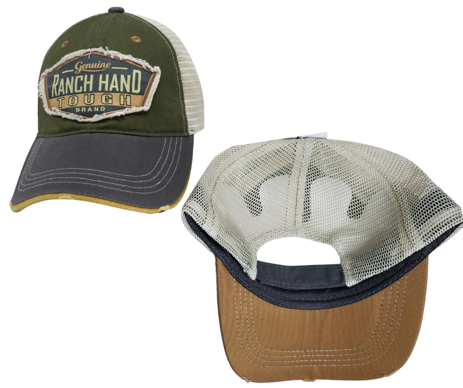 Show your Ranchin roots with this Embroidered Distressed Trucker Cap! The Forest Green twill front and beige mesh back feature  graphic Ranch Hand Tough with a grey stitched bill, plus an adjustable snap strap to perfectly fit any size head. Take a short trip outside Nashville to our Smyrna, TN shop and get yours now!  COLOR: GREEN/BEIGE/GREY