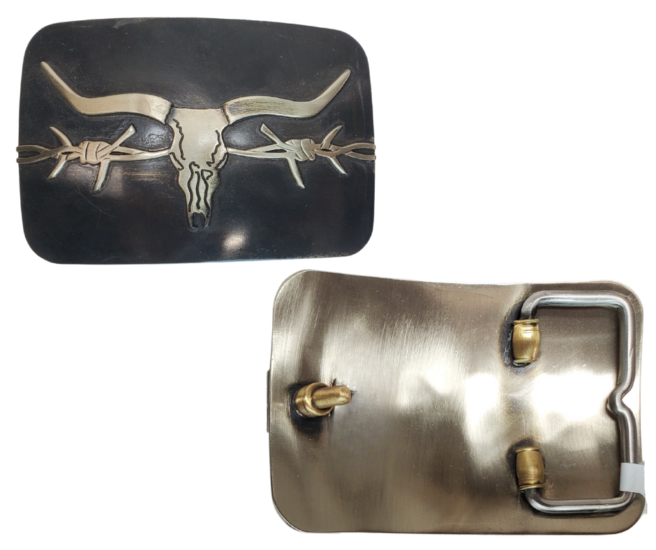 The Ranch Hand Belt Buckle sports a classic Longhorn and Barbwire design on a Patina backdrop, creating a simplistic appearance. It comfortably fits belts up to 1 3/4" wide without causing discomfort, and has dimensions of 2 3/8" H x 3 1/2" W. Crafted with high-quality Zinc in Mexico, you can easily purchase it at our convenient Smyrna, TN store, located near the bustling heart of Nashville.