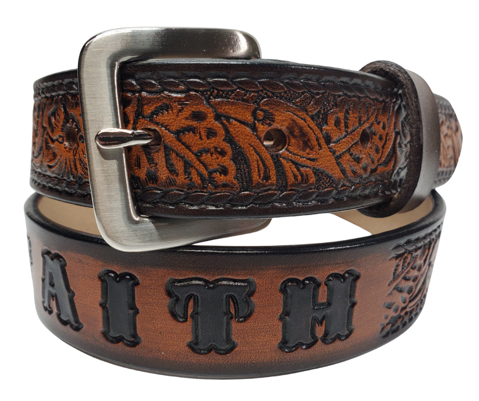 Our Lil Ranch is just like the Ranch for dad or mom. Full grain American vegetable tanned cowhide approx. 1/8"thick. Width is 1 1/4" and includes Antique Nickle plated Solid Brass buckle. We Hand Finished with a darker brown edge feathered into a tan center. Edges are smooth burnished painted edges. Made in our Smyrna, TN, USA shop. Buckle snaps in place for easy changing if desired  Choose with or without name, 