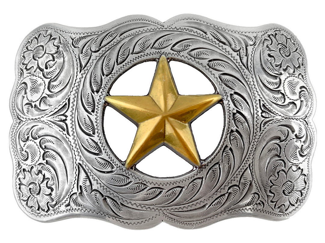 The Ranger Star Belt Buckle is nod to the Texas Rangers. Timeless western scroll with a Antique colored gold Star right in the middle of it's rectangle shape. Not too big or small but just right for size. We stock them at our Smyrna, TN shop not far from Franklin.

Buckle Material: Zinc.
Buckle Size Approx: 3-1/4" x 2-1/8".
Fits 1-1/2"(38mm) wide belt strap.