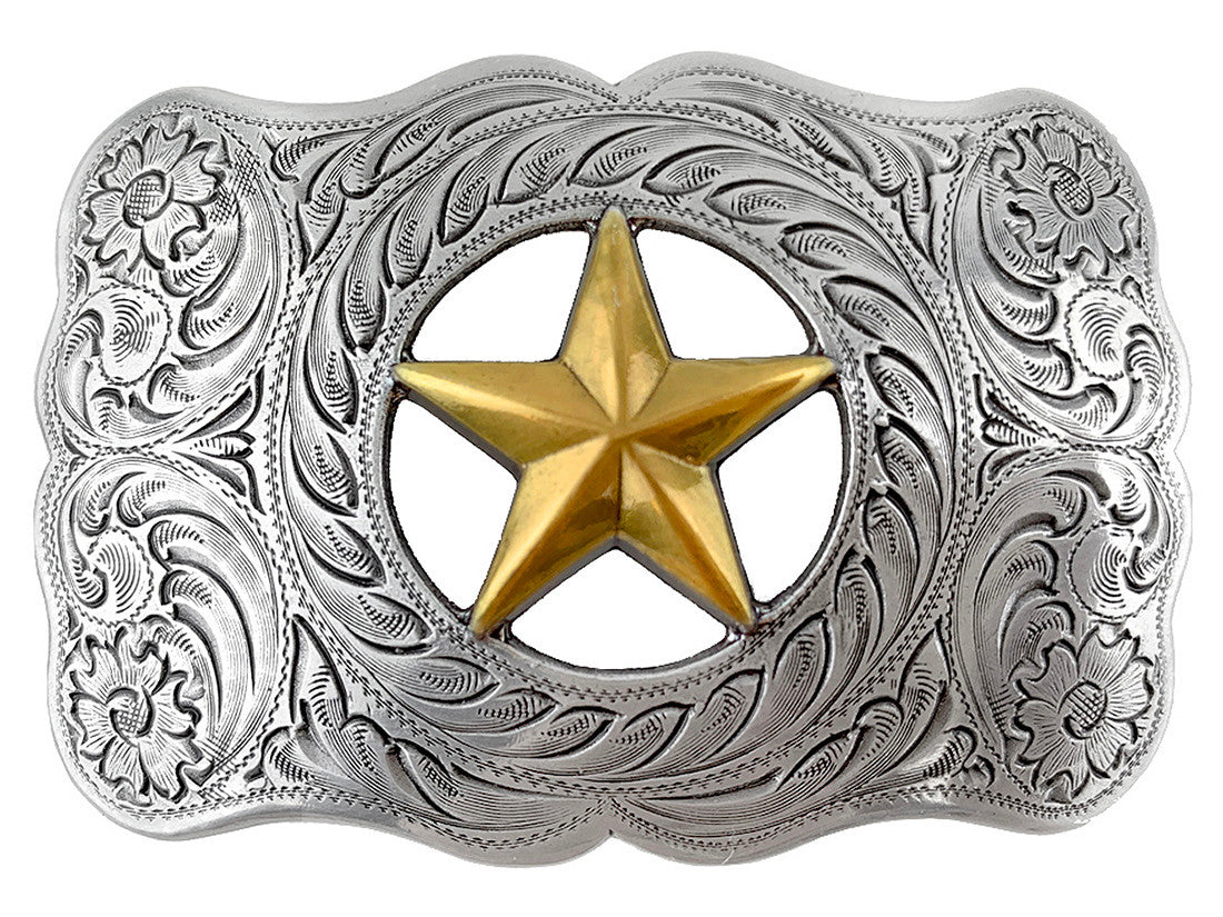 The Ranger Star Belt Buckle is nod to the Texas Rangers. Timeless western scroll with a Antique colored gold Star right in the middle of it's rectangle shape. Not too big or small but just right for size. We stock them at our Smyrna, TN shop not far from Franklin.

Buckle Material: Zinc.
Buckle Size Approx: 3-1/4" x 2-1/8".
Fits 1-1/2"(38mm) wide belt strap.