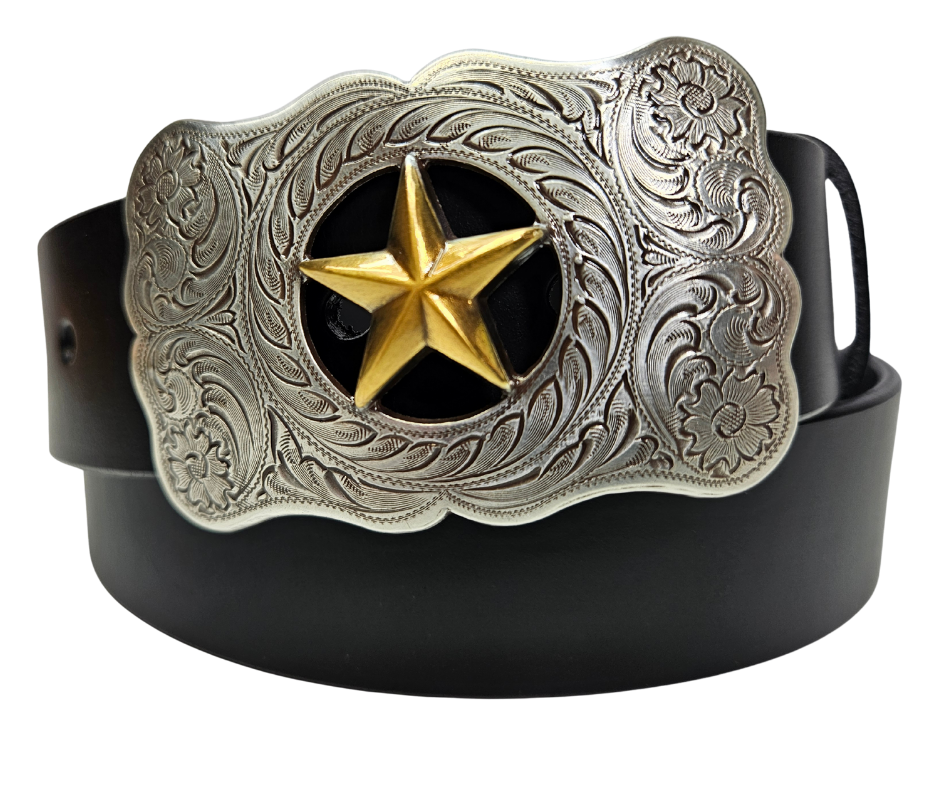 The Ranger Star Belt Buckle Set is nod to the Texas Rangers. Timeless western scroll with a Antique colored gold Star right in the middle of it's rectangle shape. Choose a Black or Distressed solid leather belt. Not too big or small but just right for size. We stock them at our Smyrna, TN shop not far from Franklin.

Buckle Material: Zinc.
Buckle Size Approx: 3-1/4" x 2-1/8".
Fits 1-1/2"(38mm) wide belt strap.
