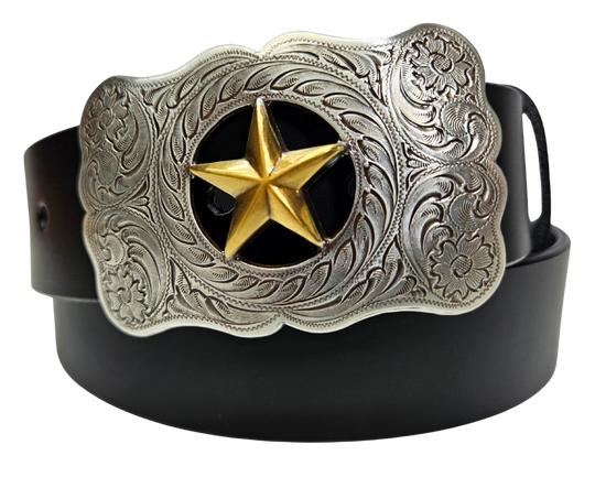 The Ranger Star Belt Buckle Set is nod to the Texas Rangers. Timeless western scroll with a Antique colored gold Star right in the middle of it&