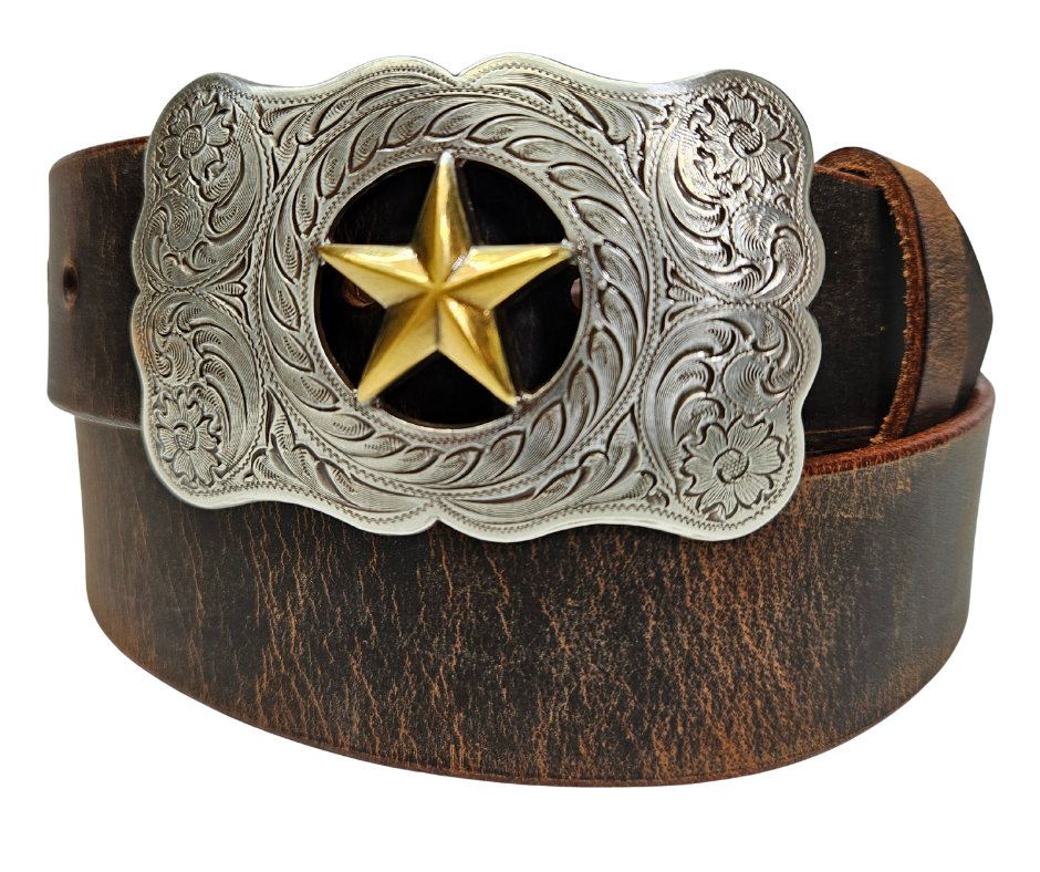 The Ranger Star Belt Buckle Set is nod to the Texas Rangers. Timeless western scroll with a Antique colored gold Star right in the middle of it's rectangle shape. Choose a Black or Distressed solid leather belt. Not too big or small but just right for size. We stock them at our Smyrna, TN shop not far from Franklin.

Buckle Material: Zinc.
Buckle Size Approx: 3-1/4" x 2-1/8".
Fits 1-1/2"(38mm) wide belt strap.