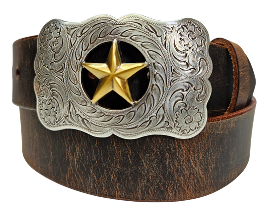 The Ranger Star Belt Buckle Set is nod to the Texas Rangers. Timeless western scroll with a Antique colored gold Star right in the middle of it&