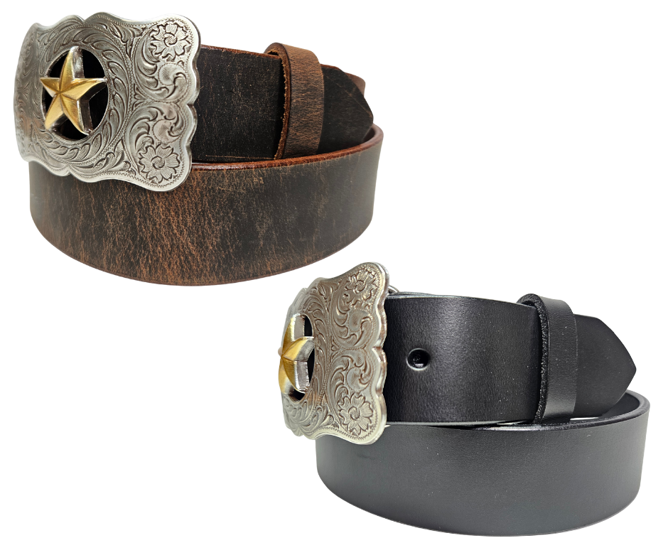 The Ranger Star Belt Buckle Set is nod to the Texas Rangers. Timeless western scroll with a Antique colored gold Star right in the middle of it&