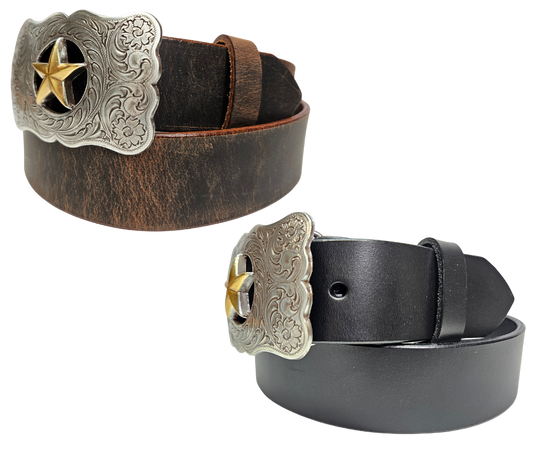 The Ranger Star Belt Buckle Set is nod to the Texas Rangers. Timeless western scroll with a Antique colored gold Star right in the middle of it&