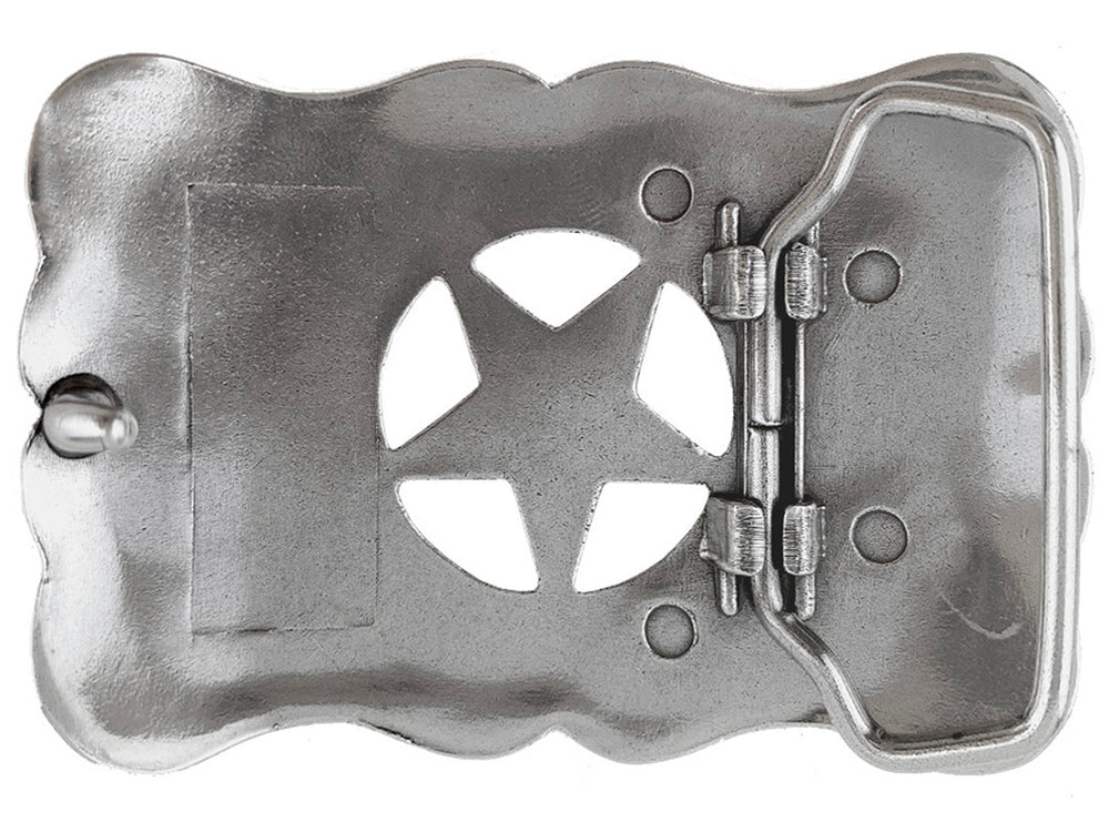 The Ranger Star Belt Buckle is nod to the Texas Rangers. Timeless western scroll with a Antique colored gold Star right in the middle of it's rectangle shape. Not too big or small but just right for size. We stock them at our Smyrna, TN shop not far from Franklin.

Buckle Material: Zinc.
Buckle Size Approx: 3-1/4" x 2-1/8".
Fits 1-1/2"(38mm) wide belt strap.