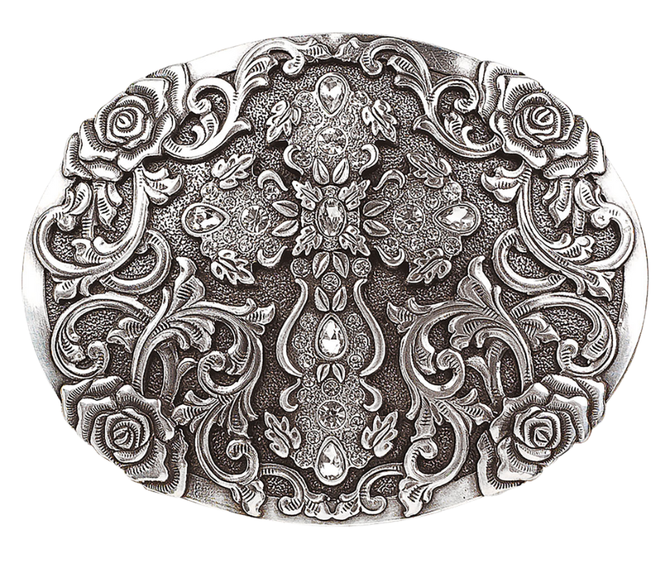 Swirling roses, rustic Western scrolls, and a finely-detailed Floral Cross make this Nocona buckle a showstopper! Antiqued in a silver hue, it's shaped like an oval and measures approx. 3"tall side and 4"wide, so you can strap it onto belts up to 1 1/2" thick. Stop by our Smyrna, TN shop, just outside Nashville, or shop the online store - your wardrobe will thank you! Imported.
