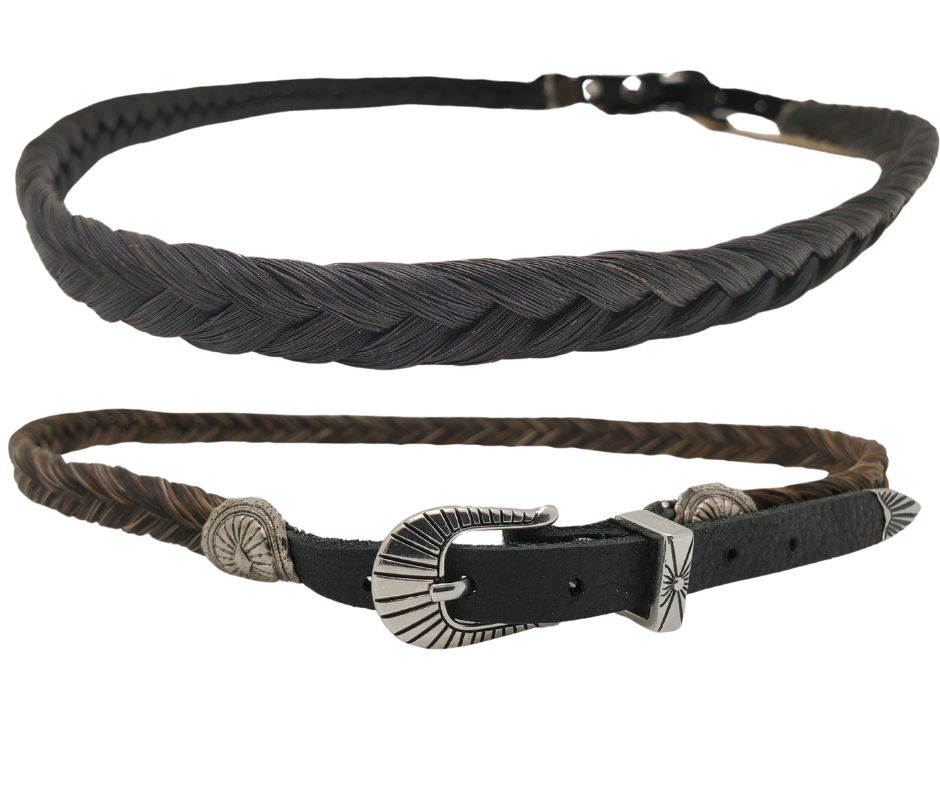 Enhance your hat with a simple and stylish touch by adding a braided Authentic Horse Hair hatband, 1/2 inch in width. Each hatband is completed with leather ends and a 3 piece style buckle for easy adjustment, fitting most hats. It is perfect for a variety of hat styles and western crowns. Find it at our Smyrna, TN shop, where each piece is handcrafted in Montana using horsehair sourced primarily from Argentina, Mongolia, and Canada.