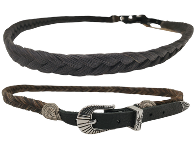 Enhance your hat with a simple and stylish touch by adding a braided Authentic Horse Hair hatband, 1/2 inch in width. Each hatband is completed with leather ends and a 3 piece style buckle for easy adjustment, fitting most hats. It is perfect for a variety of hat styles and western crowns. Find it at our Smyrna, TN shop, where each piece is handcrafted in Montana using horsehair sourced primarily from Argentina, Mongolia, and Canada.