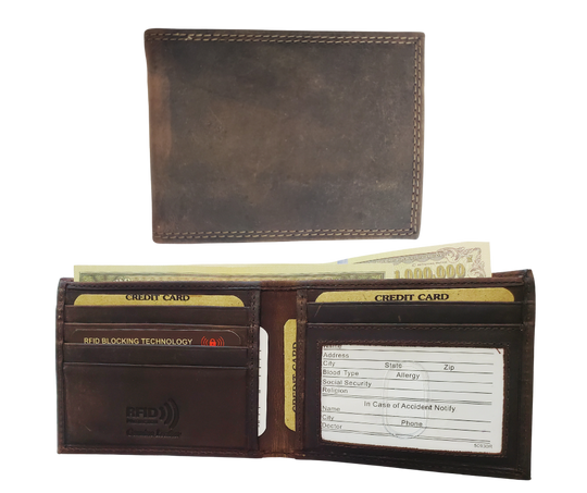 RFID protected Bi-fold in Distressed Brown. Card slots, underside pockets and I.D. flap PLUS divided cash pockets. Imported, Great Value, and Buckle and Hide approved! Stocked at our Smyrna, TN shop.&amp;nbsp;  Bi-Fold specs - 4 1/2"x 3 1/2"x 5/8" folded, 2 cash slots, 5 CC slots, 1 I.D. slot, 2 underside pockets.