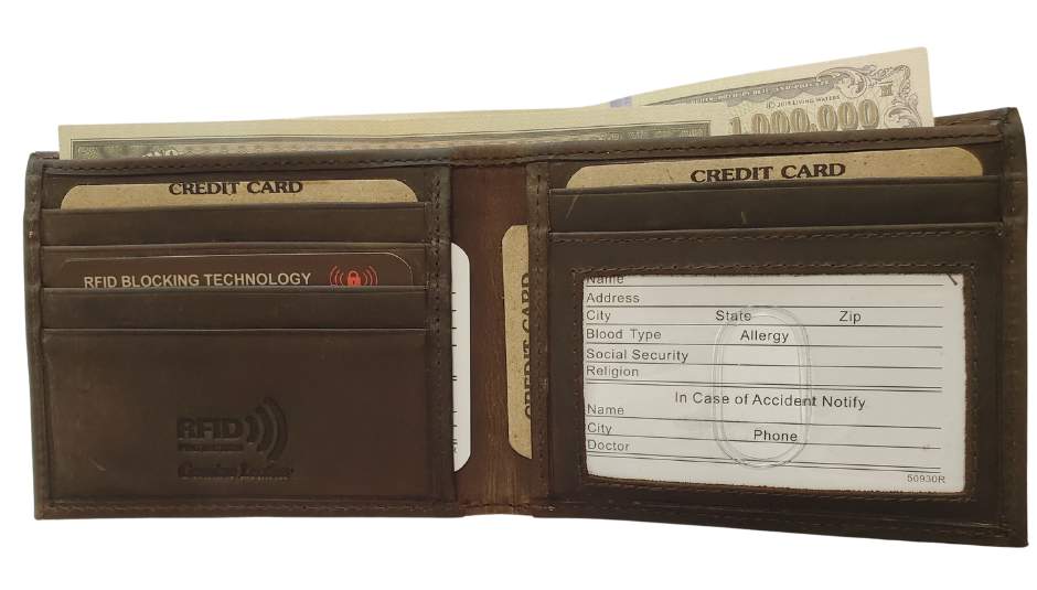 RFID protected Bi-fold in Distressed Brown. Card slots, underside pockets and I.D. flap PLUS divided cash pockets. Imported, Great Value, and Buckle and Hide approved! Stocked at our Smyrna, TN shop.&nbsp;  Bi-Fold specs - 4 1/2"x 3 1/2"x 5/8" folded, 2 cash slots, 5 CC slots, 1 I.D. slot, 2 underside pockets.
