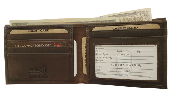 RFID protected Bi-fold in Distressed Brown. Card slots, underside pockets and I.D. flap PLUS divided cash pockets. Imported, Great Value, and Buckle and Hide approved! Stocked at our Smyrna, TN shop.&amp;nbsp;  Bi-Fold specs - 4 1/2"x 3 1/2"x 5/8" folded, 2 cash slots, 5 CC slots, 1 I.D. slot, 2 underside pockets.