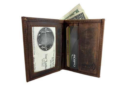 RFID protected Front Pocket Style in popular Distressed Brown with 3 inside card slots, cash pocket and DOUBLE I.D. pockets. one outside one inside, great for drivers license, work I.D. or carry permit. A lot of room for such a small wallet. Though it is imported it is a great value that&