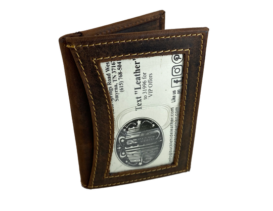 RFID protected Front Pocket Style in popular Distressed Brown with 3 inside card slots, cash pocket and DOUBLE I.D. pockets. one outside one inside, great for drivers license, work I.D. or carry permit. A lot of room for such a small wallet. Though it is imported it is a great value that&