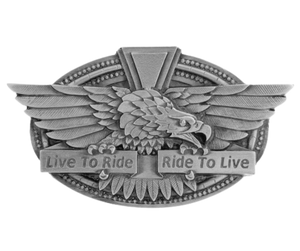 Ride to Live Belt Buckle: The perfect accessory for passionate motorcyclists. Made with top-quality pewter and designed to fit 1 1/2" belts, it proudly displays the words "Live to Ride Ride to Live." Available at our shop in Smyrna, TN, just a short drive from Nashville. Experience the thrill of motorcycling for over 100 years with this timeless piece. 2" tall x 3 1/2" wide.
