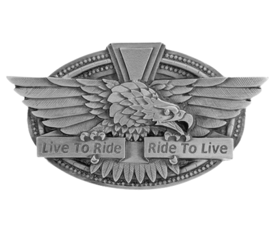 Ride to Live Belt Buckle: The perfect accessory for passionate motorcyclists. Made with top-quality pewter and designed to fit 1 1/2" belts, it proudly displays the words "Live to Ride Ride to Live." Available at our shop in Smyrna, TN, just a short drive from Nashville. Experience the thrill of motorcycling for over 100 years with this timeless piece. 2" tall x 3 1/2" wide.