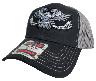 Rev up your life with this Ride Fast Live Hard Trucker Cap! The black twill front and gray mesh back feature contrasting gray and white embroidered bold graphic of an eagle, plus an adjustable strap to perfectly fit any size head. Take a short trip outside Nashville to our Smyrna, TN shop and get yours now! COLOR: BLACK/GRAY