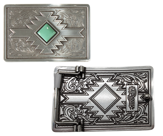 Imagine a beautiful Southwestern landscape with cacti, mountains, and a stunning sunset. Let our "Rio Arroyo" Belt Buckle transport you there with its charming western floral and Navajo-inspired pattern, complete with a vibrant turquoise colored stone at the center. Measuring about 2 1/4" tall by 3 1/4" wide, this buckle fits belts up to 1 1/2" wide and is available for purchase at our retail store in Smyrna, TN, just outside of Nashville.