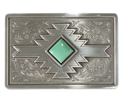 Imagine a beautiful Southwestern landscape with cacti, mountains, and a stunning sunset. Let our "Rio Arroyo" Belt Buckle transport you there with its charming western floral and Navajo-inspired pattern, complete with a vibrant turquoise colored stone at the center. Measuring about 2 1/4" tall by 3 1/4" wide, this buckle fits belts up to 1 1/2" wide and is available for purchase at our retail store in Smyrna, TN, just outside of Nashville.