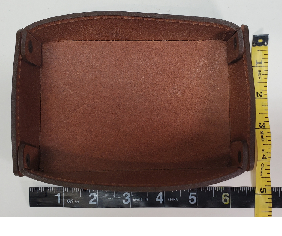 Full 1/8" thick Rectangle Leather Valet tray made in our Smyrna, TN shop. These are our most basic version that we are CLOSING OUT. Very limited stock available. There WILL be some variation from pics in colors. These were Samples and Store Displays. THESE DO NOT COLLASPE like our other valets.