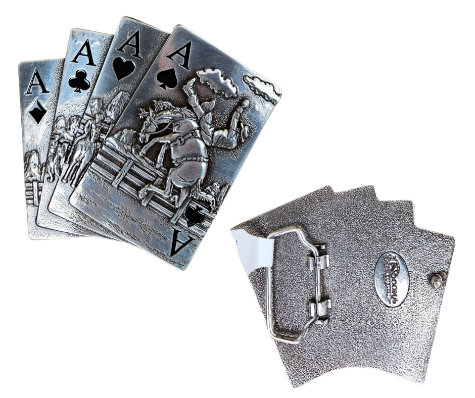 The Rodeo Aces buckle has 4 Ace cards accented in black paint. Raised engraving of a bucking bronco and cowboy in the center. Antique Silver Finish. 99% Zinc, 1% Iron. Approximate Size 3 x 3-1/2. You can find it at our retail shop in Smyrna, TN, located just outside of Nashville, or online.

Measuring 3" tall by 3 1/2" wide
Fit's belts up to 1 1/2" wide.
Imported