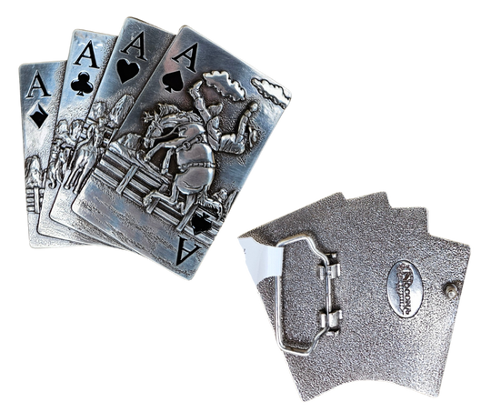 The Rodeo Aces buckle has 4 Ace cards accented in black paint. Raised engraving of a bucking bronco and cowboy in the center. Antique Silver Finish. 99% Zinc, 1% Iron. Approximate Size 3 x 3-1/2. You can find it at our retail shop in Smyrna, TN, located just outside of Nashville, or online.

Measuring 3" tall by 3 1/2" wide
Fit's belts up to 1 1/2" wide.
Imported