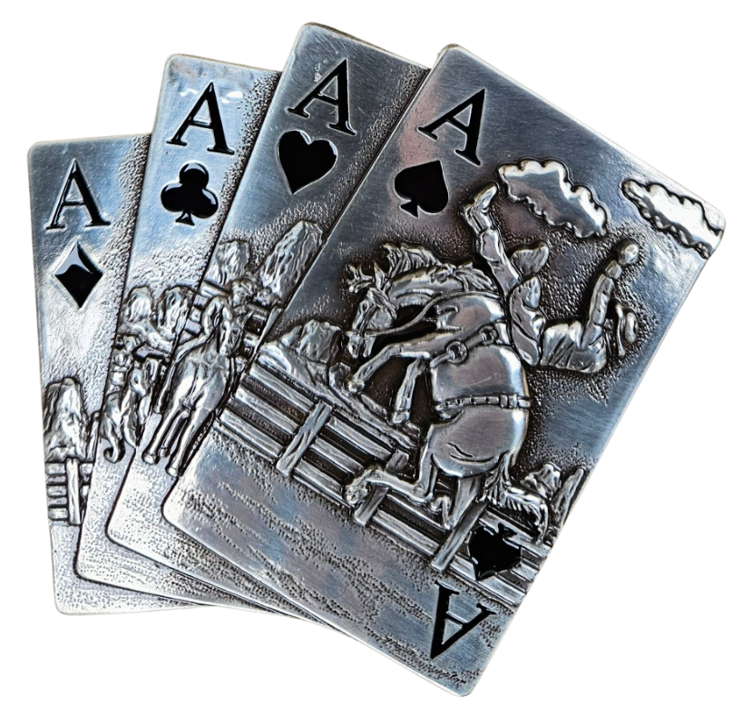 The Rodeo Aces buckle has 4 Ace cards accented in black paint. Raised engraving of a bucking bronco and cowboy in the center. Antique Silver Finish. 99% Zinc, 1% Iron. Approximate Size 3 x 3-1/2. You can find it at our retail shop in Smyrna, TN, located just outside of Nashville, or online.

Measuring 3" tall by 3 1/2" wide
Fit's belts up to 1 1/2" wide.
Imported
